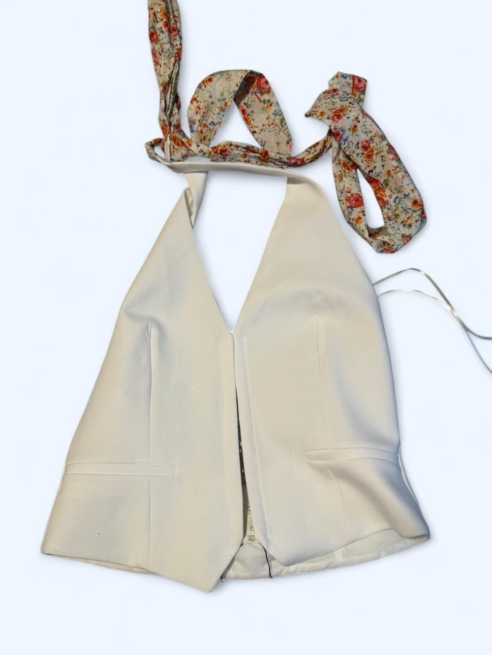 White Halter Top with Floral Tie-Back
